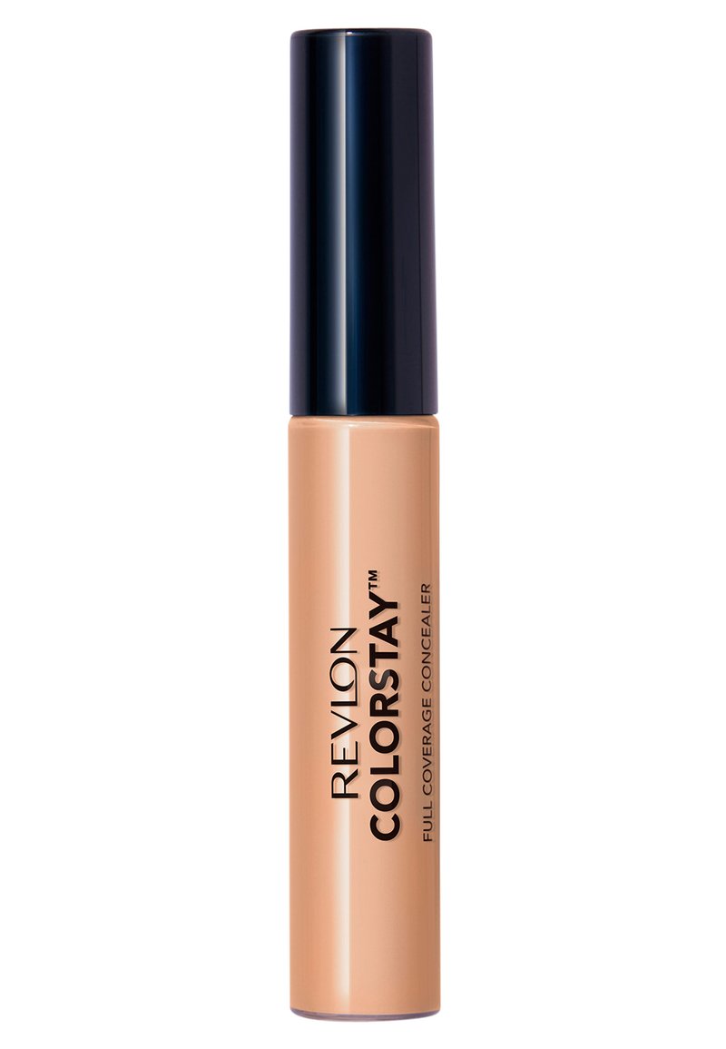 Revlon Colorstay full coverage concealer i en beige tube med et sort låg; har fed skrift på siden for nem identifikation.