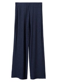 Pantalons larges bleu marine en tissu texturé avec un motif en losanges. Dotés d'une taille haute et d'un design fluide pour le confort.