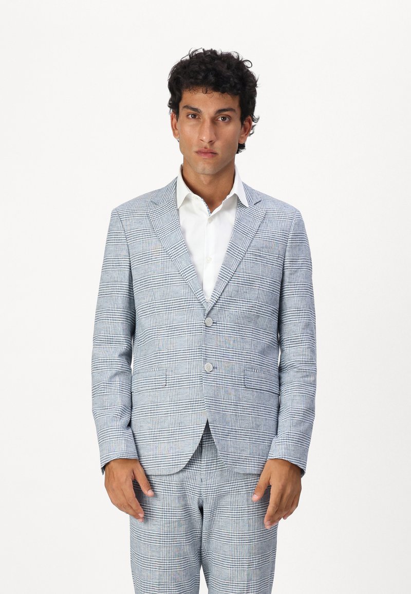 Light blue checked suit jacket made from textured fabric. Features notched lapels, two buttons, and two front pockets. Paired with matching pants.