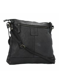 Bolso de hombro de cuero negro con superficie texturizada, cierre de cremallera, correa ajustable y bolsillo frontal con cremallera. Presenta acentos de hardware metálico.