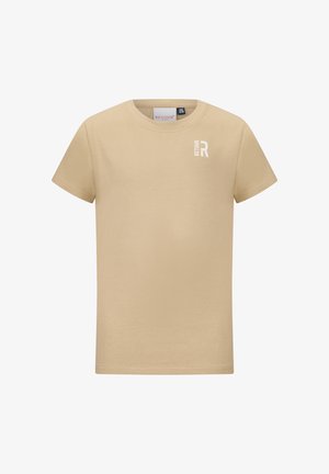 Beiges T-Shirt mit kurzen Ärmeln und Rundhalsausschnitt, mit kleinem weißem "RETOUR R"-Logo auf der oberen linken Brust.