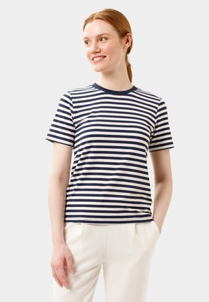 Marineblauw en witte gestreepte t-shirt met korte mouwen en een ronde hals, gemaakt van zachte stof, met een slim fit uitstraling en minimale details.