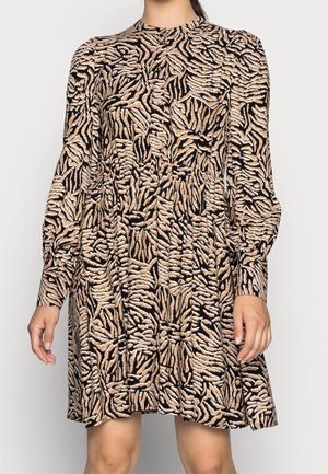 Schwarz-bra dresses mit animal print, featuring lange Ärmel, einem runden Halsausschnitt und einer lässigen Silhouette mit einem strukturierten Stoffmuster.
