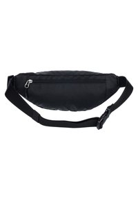 Black nylon fanny pack with a zippered pocket, curved shape, adjustable strap, and a smooth texture. Compact and functional design.
