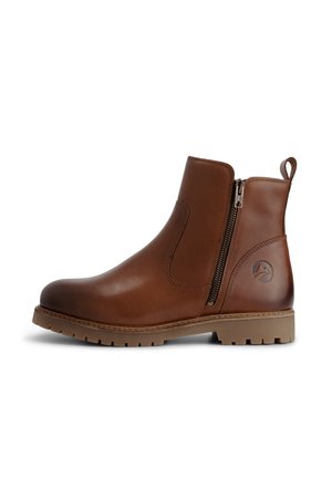 Brown leather ankle boot with a side zipper, round toe, textured sole, and a logo detail on the heel. Sturdy design with contrasting accents.