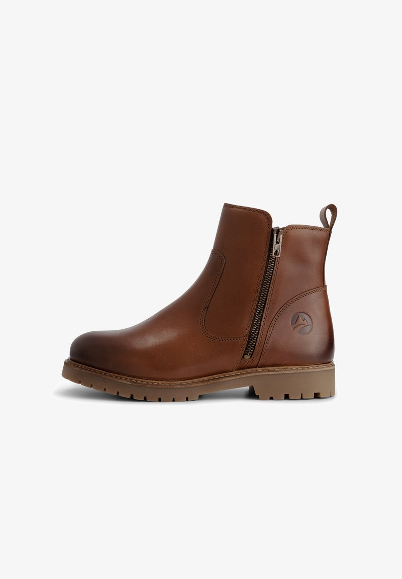 Braune Leder Stiefelette mit seitlichem Reißverschluss, runder Zehenpartie, strukturiertem Sohlen und einem Logodetail an der Ferse. Robustes Design mit kontrastierenden Akzenten.