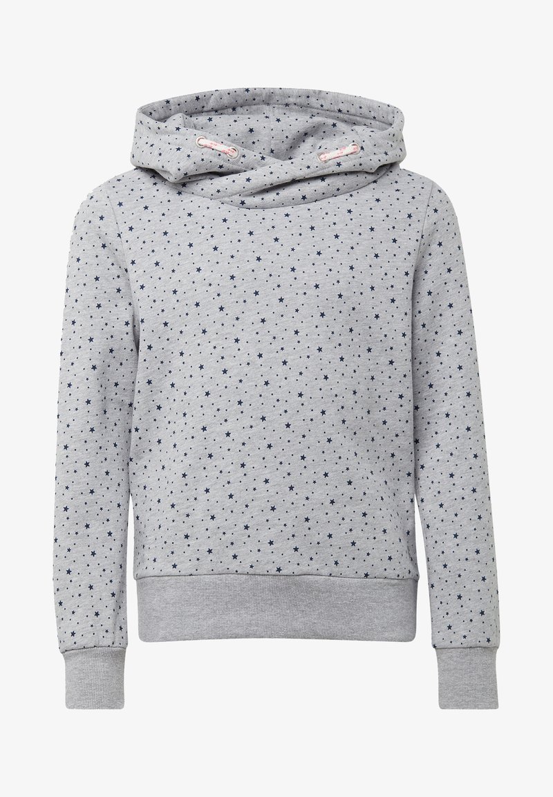 Sweatshirt gris avec une texture douce, doté d'une capuche et d'un motif d'étoiles bleu marine. Comprend des cordons de serrage et des poignets et un ourlet côtelés.