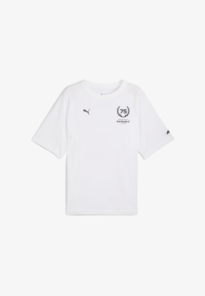 Weißes T-Shirt mit kurzen Ärmeln aus Baumwolle, mit einem schwarzen Logo und Text auf der Vorderseite, rundem Halsausschnitt und lässiger Passform.