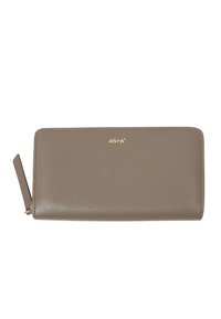 Leather wallet in taupe with a textured surface, gold logo, and a zipper pull. Rectangle shape with subtle stitching details.