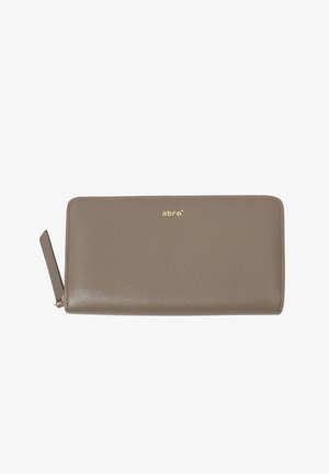 Leather wallet in taupe with a textured surface, gold logo, and a zipper pull. Rectangle shape with subtle stitching details.