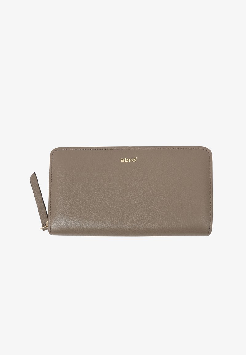 Leather wallet in taupe with a textured surface, gold logo, and a zipper pull. Rectangle shape with subtle stitching details.