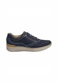 Marineblaue Leder-Sneaker mit strukturiertem Obermaterial, kontrastierenden Nähten, Schnürdesign und einer beigen Gummisohle.