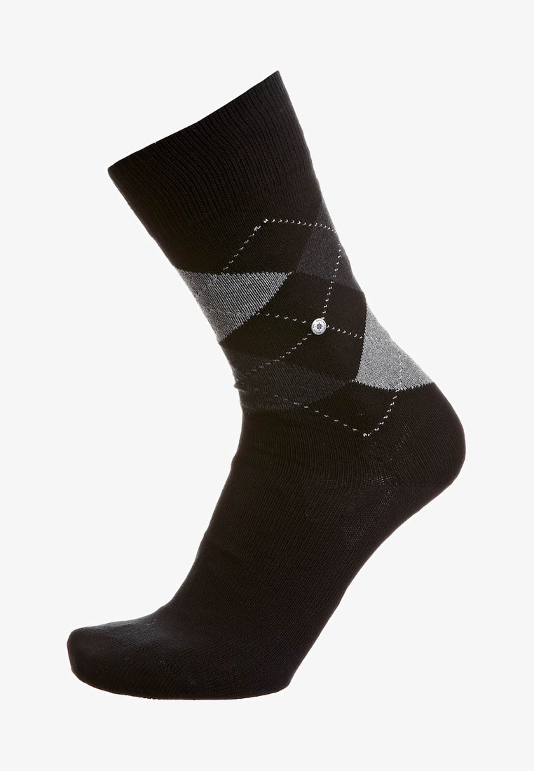 Calzino nero con motivo argyle, caratterizzato da forme di diamante grigie e grigio chiaro, una coulisse a coste e un piccolo accento decorativo. Materiale morbido e elastico.