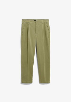 Hellgrüne Baumwollhose mit geradem Bein, seitlichen Taschen und flacher Vorderseite ohne sichtbare Verschlüsse.