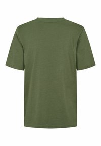 Plain olive green short-sleeve T-shirt shown from the back with a standard crew neckline and no visible logos or designs.