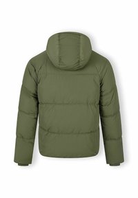 Olive green puffer jacket with a hood, featuring a quilted design and elastic cuffs. Smooth texture and robust stitching details.
