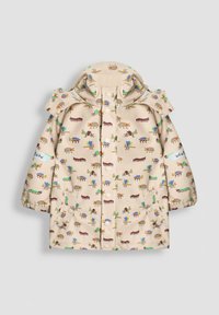 Beige wasserfeste Jacke mit Kapuze, mit bunten Tier- und Pflanzenmustern. Mit Druckknopfverschlüssen und zwei Fronttaschen gestaltet.