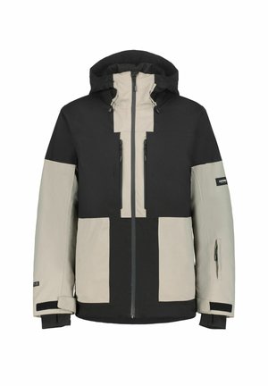 Chaqueta forrada para hombre en negro y gris claro, con capucha, cierre zipper en la parte delantera y múltiples bolsillos con zipper. El material parece duradero y texturizado.