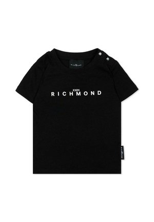 T-shirt nera a maniche corte con testo bianco ""John Richmond"" sul petto e due piccoli bottoni sulla spalla sinistra.