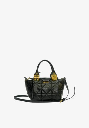 Borsa a mano in pelle nera con texture trapuntata e dettagli dorati. Presenta doppi manici superiori e una tracolla rimovibile.