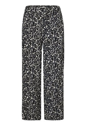 Wide-leg trousers featuring a black and cream floral pattern with a textured fabric. Elastic waistband for comfort and flexibility.