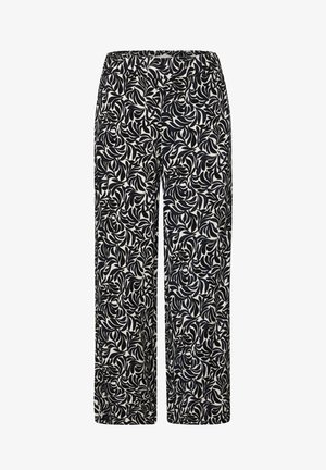Pantalones de pierna ancha con un estampado floral en negro y crema y una tela texturizada. Cintura elástica para mayor comodidad y flexibilidad.