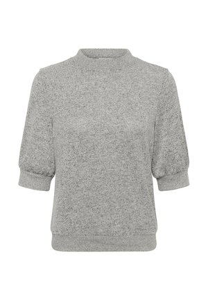 Pull gris avec un col rond, des manches courtes bouffantes et des poignets côtelés. Tissu doux et texturé avec un subtil motif chiné.