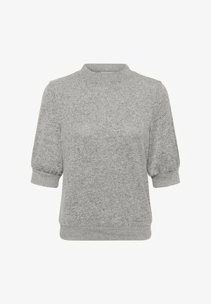 Grå sweater med rund halsudskæring, korte puffærmer og ribbede manchetter. Blødt, struktureret stof med et subtilt meleret mønster overalt.