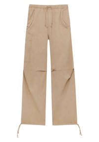Beige, lichtgewicht broek met een losse pasvorm, een elastische tailleband, trekkoord, twee zijzakken en elastische boorden aan de zoom.