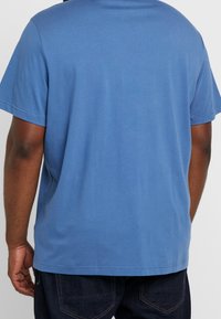 Niebieska bawełniana koszulka z krótkimi rękawami o luźnym kroju, z okrągłym dekoltem i gładką fakturą tkaniny. Bez widocznych wzorów ani zdobień.