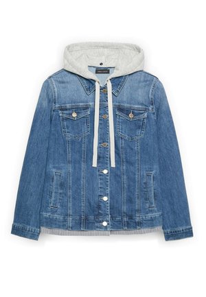 Veste en denim bleu avec fermeture à boutons, deux poches poitrine, poches latérales, et capuche gris clair attachée avec cordons de serrage.