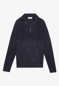Mørkeblå genser med halv-zip krage, strukturert strikkemønster på den øvre delen, og ribbestrikkede mansjetter og nederkant.