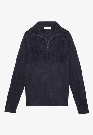Tamno mornaricer pulover s polu-zip zatvaranjem, teksturirani pleteni uzorak na gornjem dijelu, te rebrasti rukavi i donji rub.