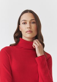 Pulover roșu cu guler înalt, realizat dintr-un material tricotat moale și texturat. Are mâneci lungi și un guler cu côturi, proiectat într-un stil ajustat.