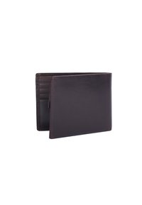 Brown leather wallet with a smooth texture, featuring multiple card slots and a folded design, showcasing minimal stitching details.