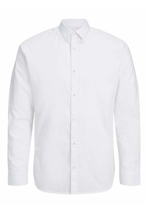 Camicia bianca a maniche lunghe in cotone, con chiusura a bottoni sul davanti, colletto classico e orlo arrotondato con polsini a bottoni.