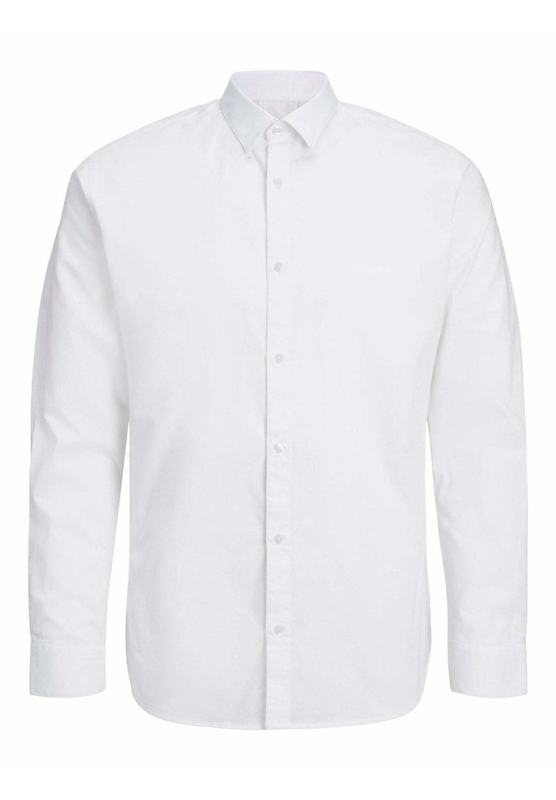 Camicia bianca a maniche lunghe in cotone, con chiusura a bottoni sul davanti, colletto classico e orlo arrotondato con polsini a bottoni.