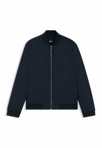 Navy bomber jacket made of smooth fabric, featuring a front zipper, side pockets, ribbed cuffs, and a round neckline.