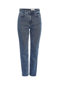 Blå jeans med høyt liv i denim, med frontlommer, beltehemper, knappelukking og rett benpassform mot en hvit bakgrunn.