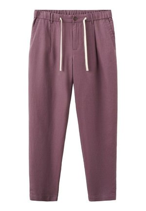 Lilla bukser med afslappet pasform, elastisk taljebånd, knap, hvide snore, sidelommer og tilspidsede ben.