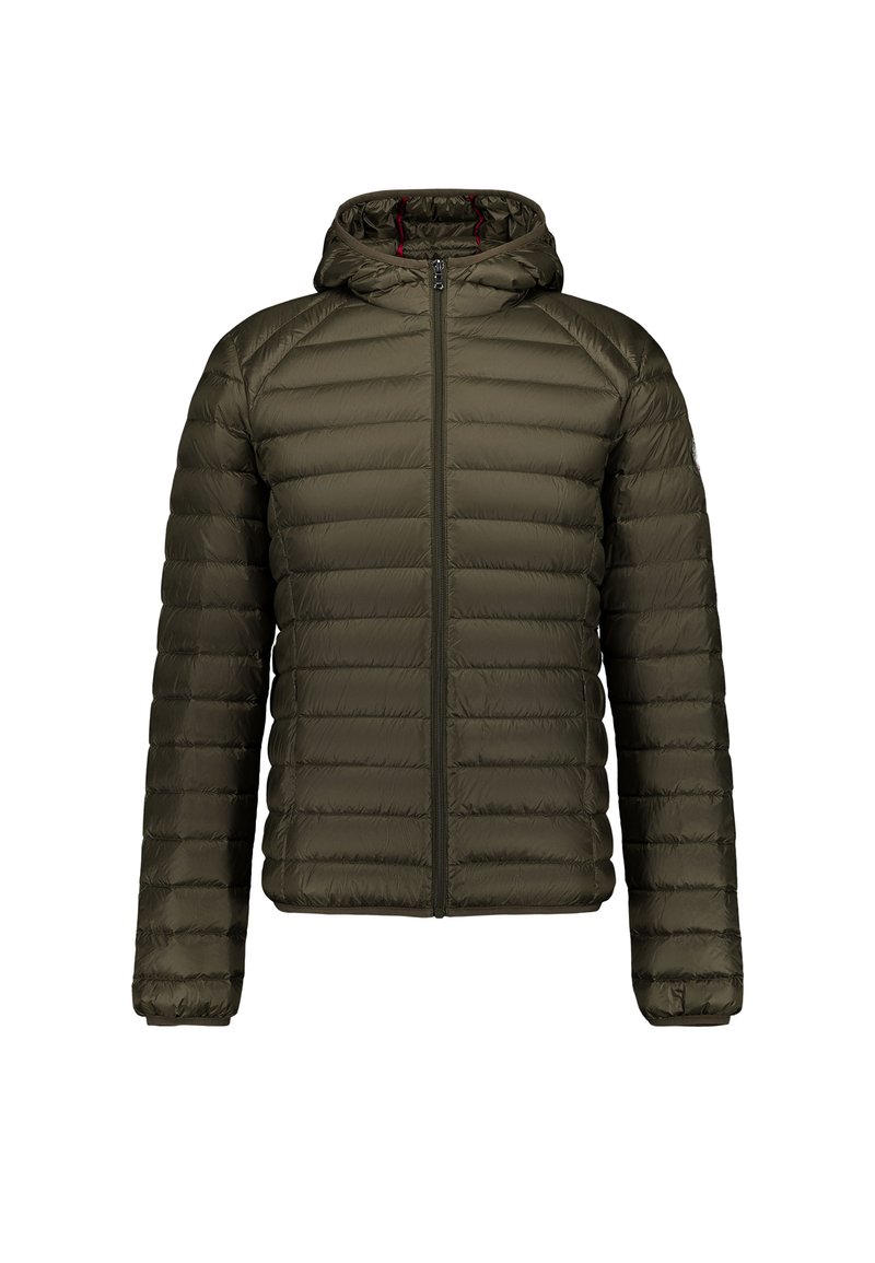 Olivgrüne gesteppte Steppjacke mit Kapuze, durchgehendem Frontreißverschluss und langen Ärmeln, entworfen für Wärme und lässiges Tragen.