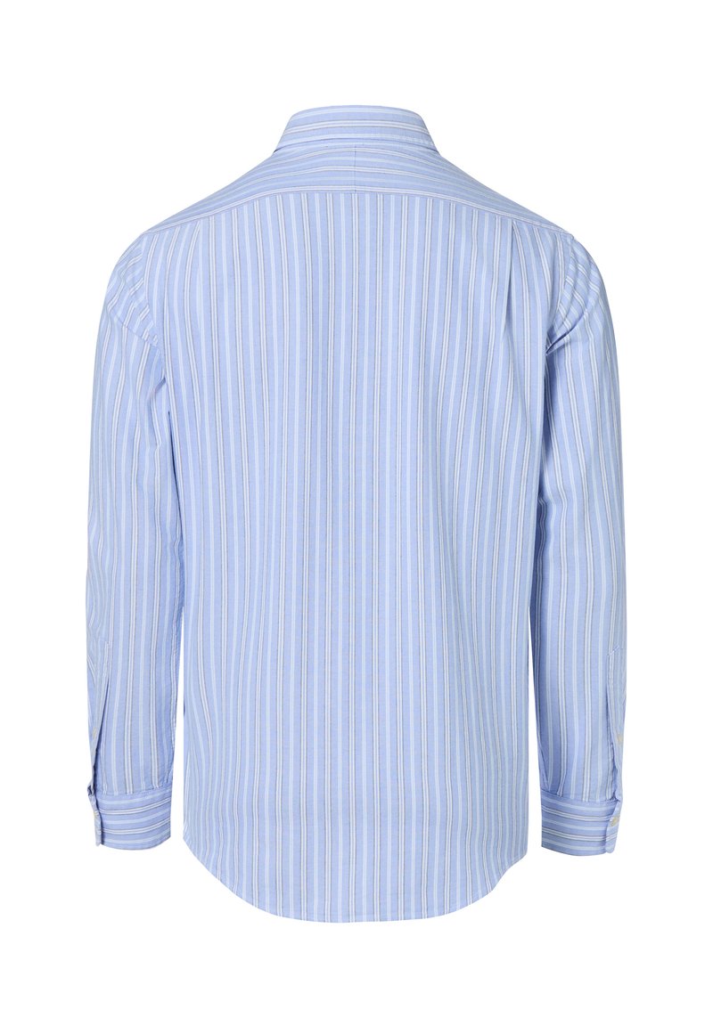 Lichtblauw gestreept shirt met lange mouwen, button-down kraag en ronde zoom. Verticale strepen van verschillende breedtes in blauw en wit.