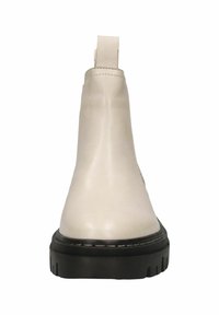 Beige leather ankle boot with a smooth finish, contrasting black rubber sole, and a pull tab at the back for easy wear.