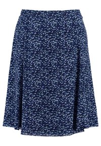 Navy A-line skirt made of lightweight fabric featuring a floral pattern in shades of blue and green, with an elastic waistband.