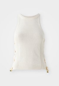 Λευκό πλεκτό αμάνικο τοπ με ψηλό λαιμό, που διαθέτει μπεζ λουριά στα πλάγια και ριμπ ύφανση στο κάτω μέρος.