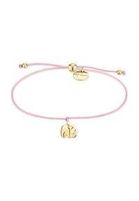 Goldener Elefantenanhänger an einem rosa gewachsten Kordelarmband, mit verstellbarem Verschluss und runder goldener Anhängerakzent.