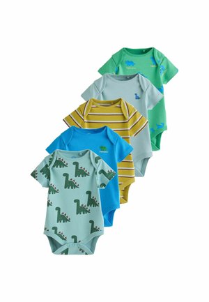 Cinq bodies bébé à manches courtes avec imprimé dinosaure vert, uni bleu, rayures jaunes, uni bleu clair et vert avec petits dinosaures bleus.