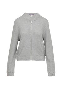 Veste zippée grise texturée avec un col rond, des poignets et un ourlet côtelés. Présente des poches latérales et un design légèrement court.