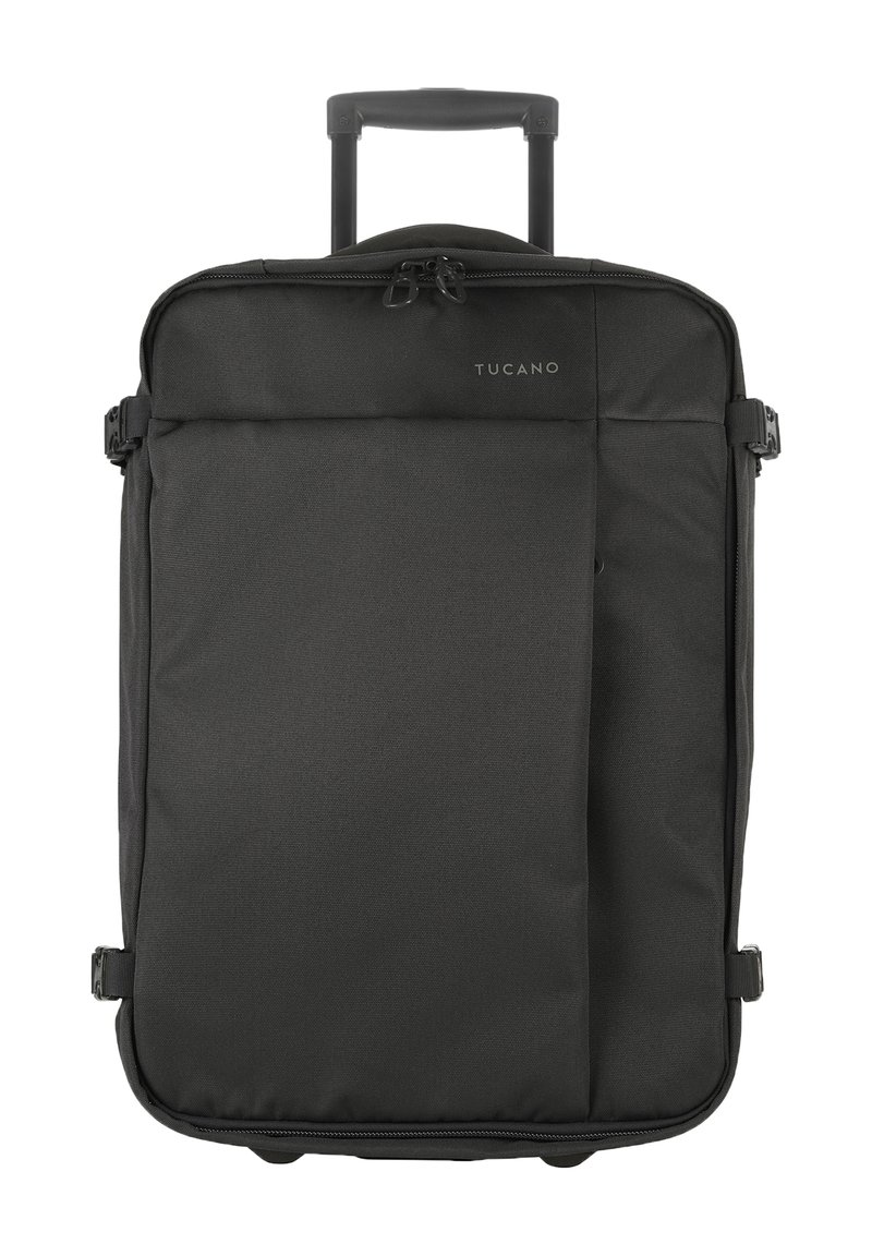 Valigia nera con un design strutturato, realizzata in tessuto resistente, dotata di manico telescopico e una tasca frontale con zip.