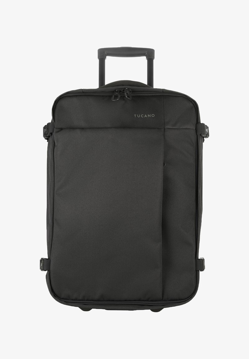 Valigia nera con un design strutturato, realizzata in tessuto resistente, dotata di manico telescopico e una tasca frontale con zip.